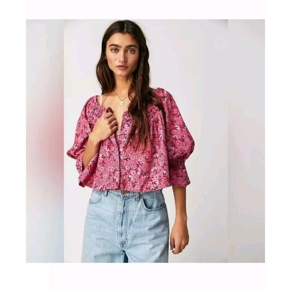 Free People James Smock Top Pink Rose Medium Oversized Crop Floral Boho Hippie